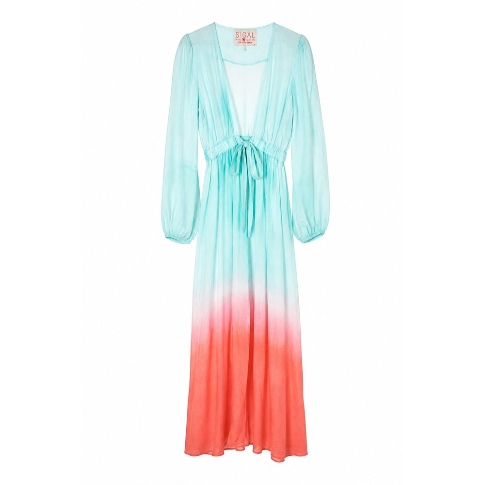 Sigal Miami Ombre Maxi Linen Blend Tie Front Dress Turquoise S Coastal Resort